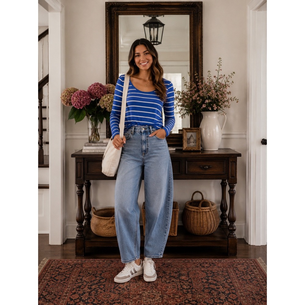 Banana Republic‎ Womens XS Blue White Striped Long Sleeve Scoop Neck Top A95